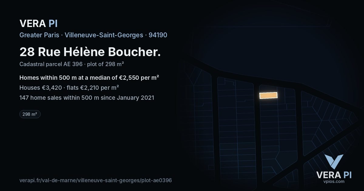 28 Rue Hélène Boucher, Villeneuve-Saint-Georges at night – the plot lit, the parcels around coloured by the prices near them