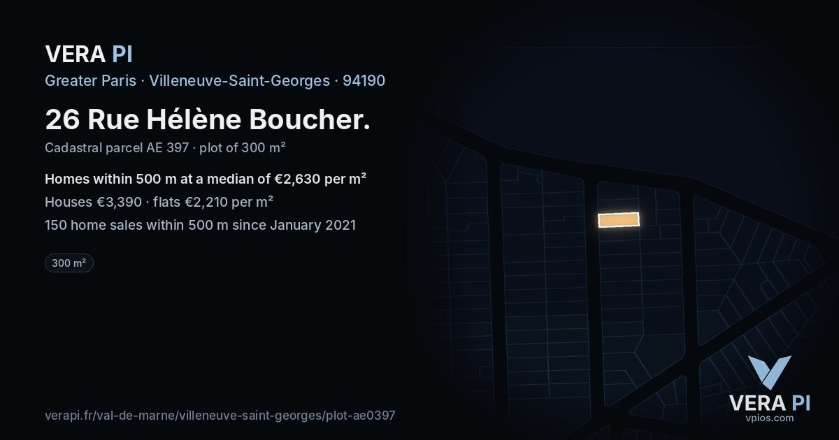 26 Rue Hélène Boucher, Villeneuve-Saint-Georges at night – the plot lit, the parcels around coloured by the prices near them