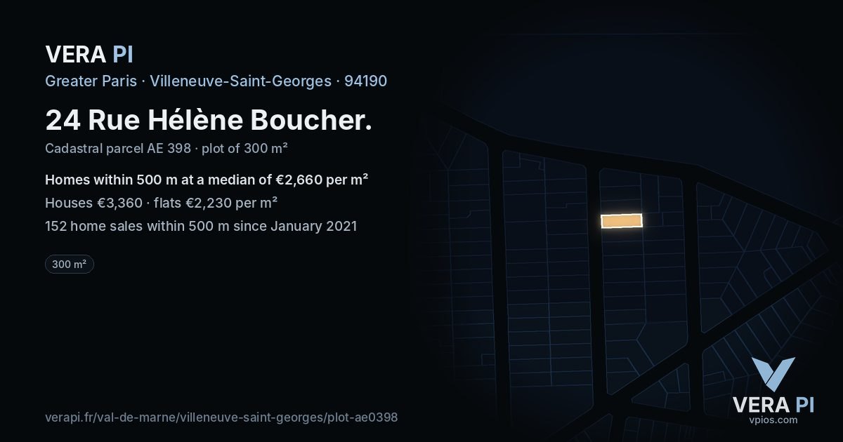 24 Rue Hélène Boucher, Villeneuve-Saint-Georges at night – the plot lit, the parcels around coloured by the prices near them