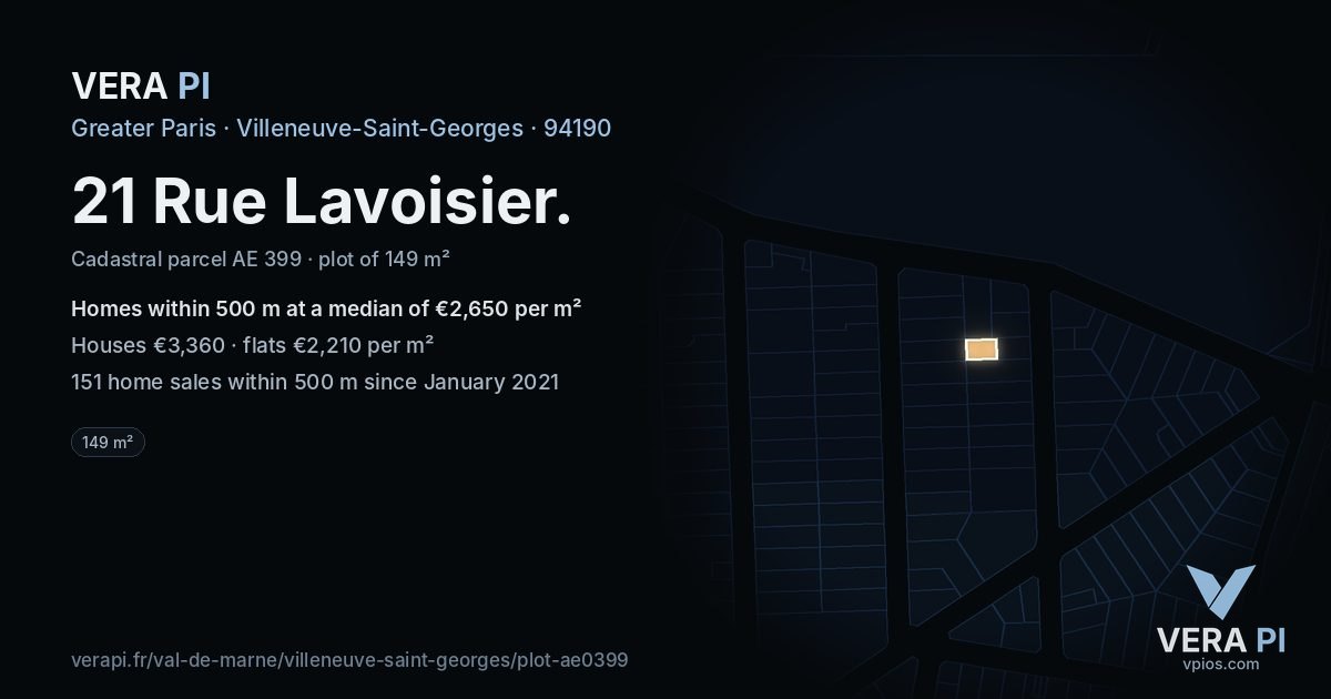 21 Rue Lavoisier, Villeneuve-Saint-Georges at night – the plot lit, the parcels around coloured by the prices near them