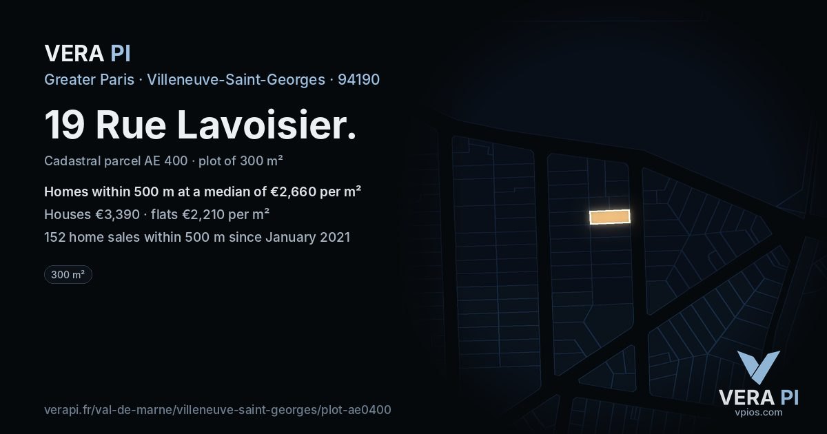 19 Rue Lavoisier, Villeneuve-Saint-Georges at night – the plot lit, the parcels around coloured by the prices near them