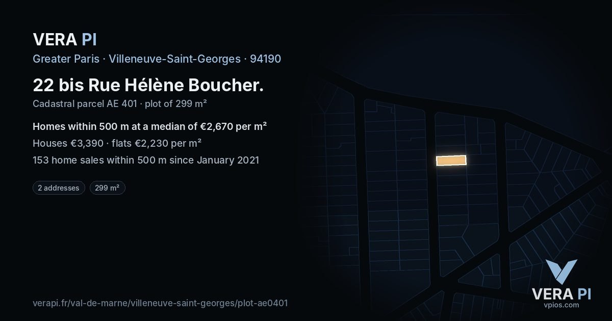 22 bis Rue Hélène Boucher, Villeneuve-Saint-Georges at night – the plot lit, the parcels around coloured by the prices near them