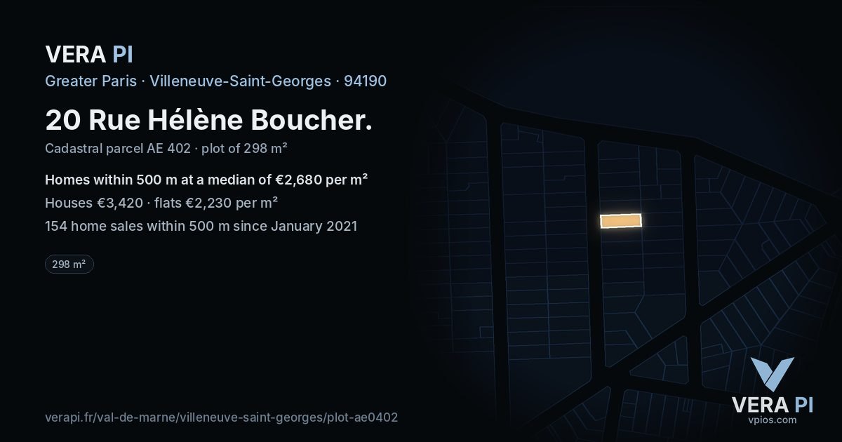 20 Rue Hélène Boucher, Villeneuve-Saint-Georges at night – the plot lit, the parcels around coloured by the prices near them
