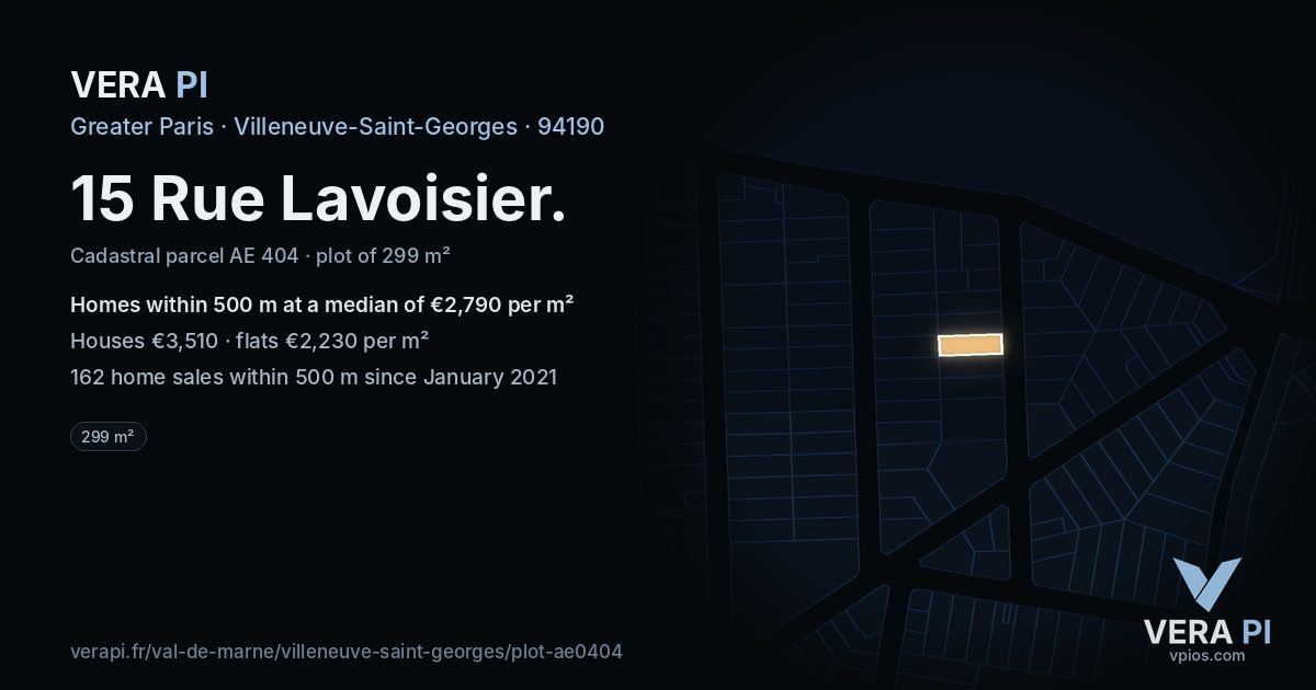 15 Rue Lavoisier, Villeneuve-Saint-Georges at night – the plot lit, the parcels around coloured by the prices near them