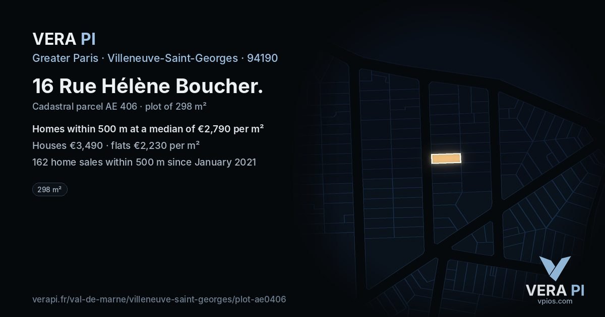 16 Rue Hélène Boucher, Villeneuve-Saint-Georges at night – the plot lit, the parcels around coloured by the prices near them