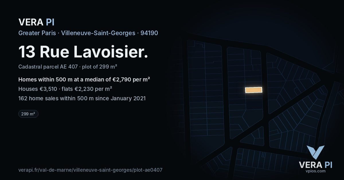 13 Rue Lavoisier, Villeneuve-Saint-Georges at night – the plot lit, the parcels around coloured by the prices near them