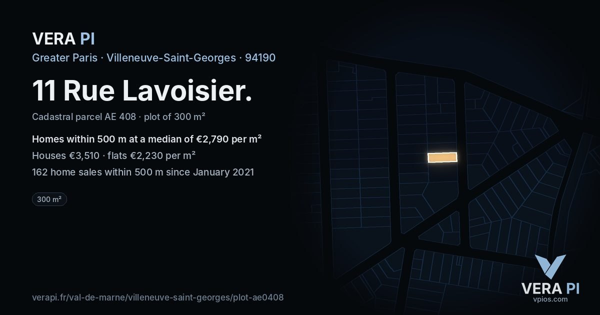 11 Rue Lavoisier, Villeneuve-Saint-Georges at night – the plot lit, the parcels around coloured by the prices near them