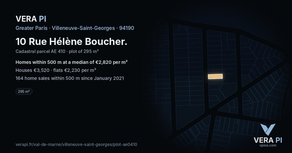 10 Rue Hélène Boucher, Villeneuve-Saint-Georges at night – the plot lit, the parcels around coloured by the prices near them