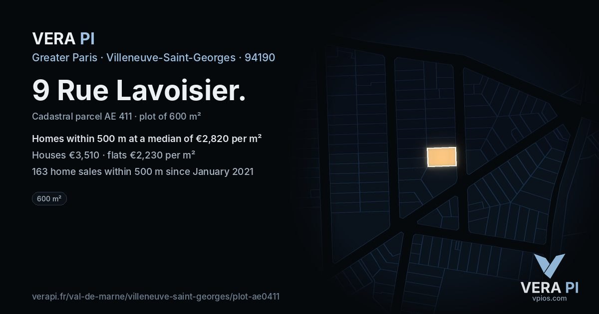 9 Rue Lavoisier, Villeneuve-Saint-Georges at night – the plot lit, the parcels around coloured by the prices near them