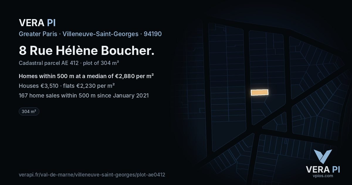8 Rue Hélène Boucher, Villeneuve-Saint-Georges at night – the plot lit, the parcels around coloured by the prices near them