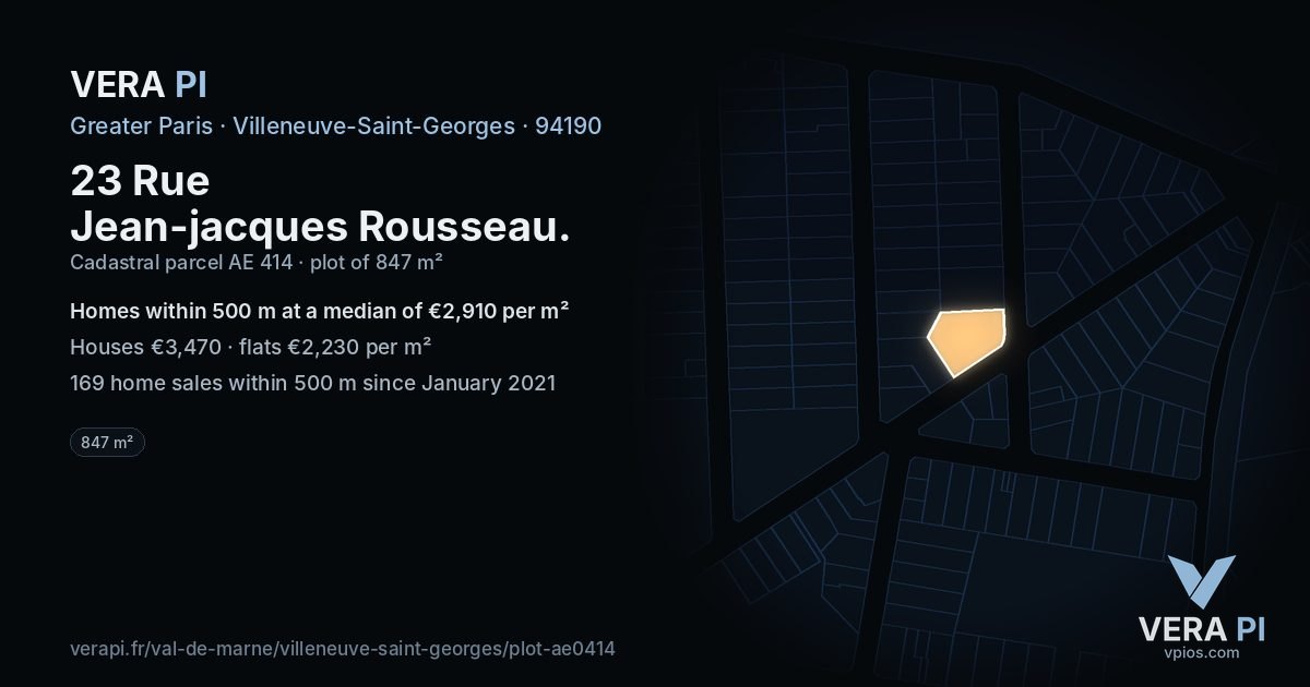 23 Rue Jean-jacques Rousseau, Villeneuve-Saint-Georges at night – the plot lit, the parcels around coloured by the prices near them
