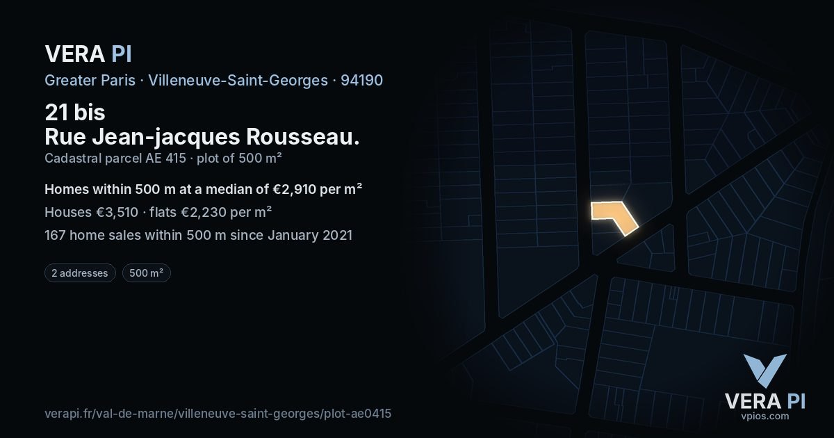 21 bis Rue Jean-jacques Rousseau, Villeneuve-Saint-Georges at night – the plot lit, the parcels around coloured by the prices near them