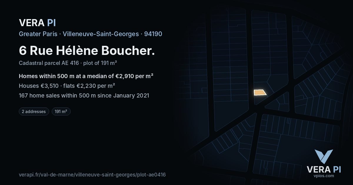 6 Rue Hélène Boucher, Villeneuve-Saint-Georges at night – the plot lit, the parcels around coloured by the prices near them