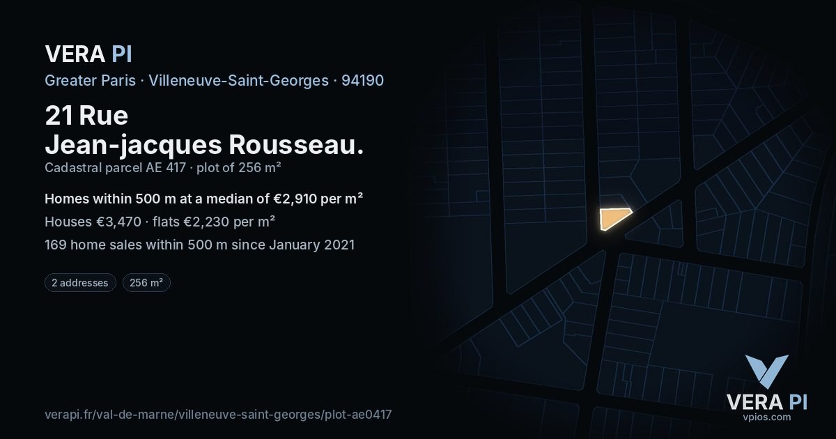 21 Rue Jean-jacques Rousseau, Villeneuve-Saint-Georges at night – the plot lit, the parcels around coloured by the prices near them