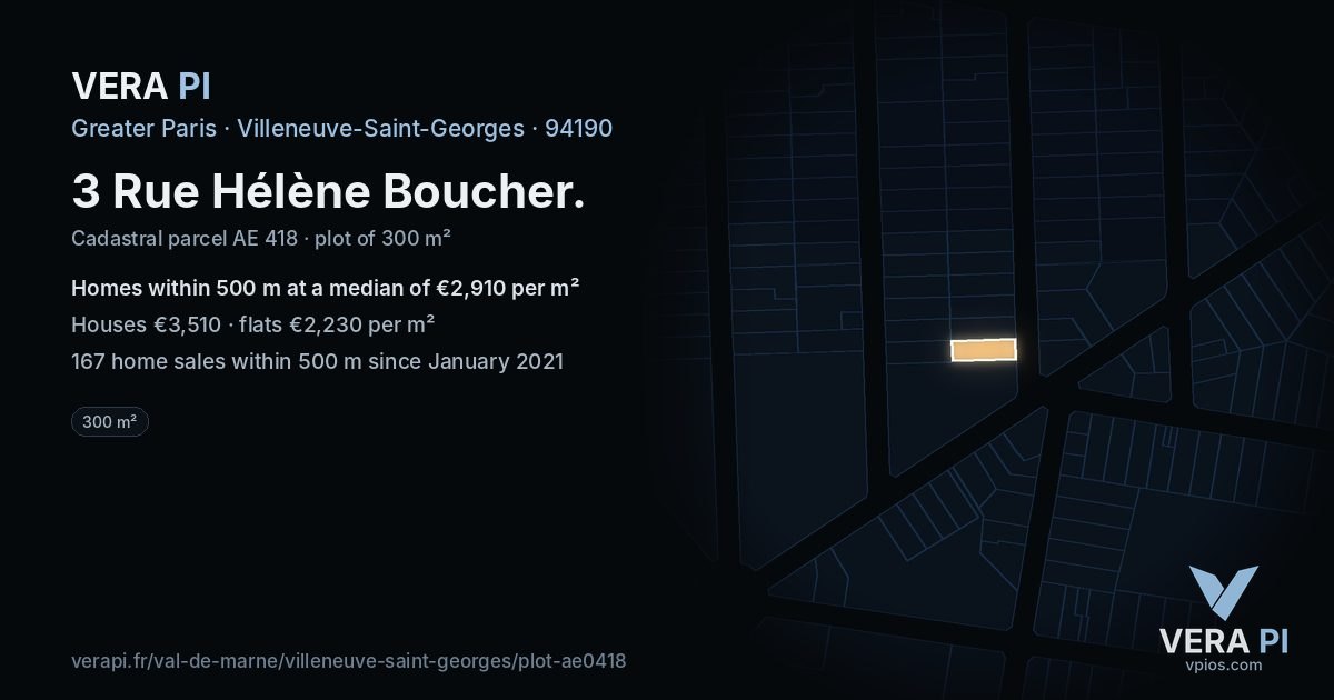 3 Rue Hélène Boucher, Villeneuve-Saint-Georges at night – the plot lit, the parcels around coloured by the prices near them