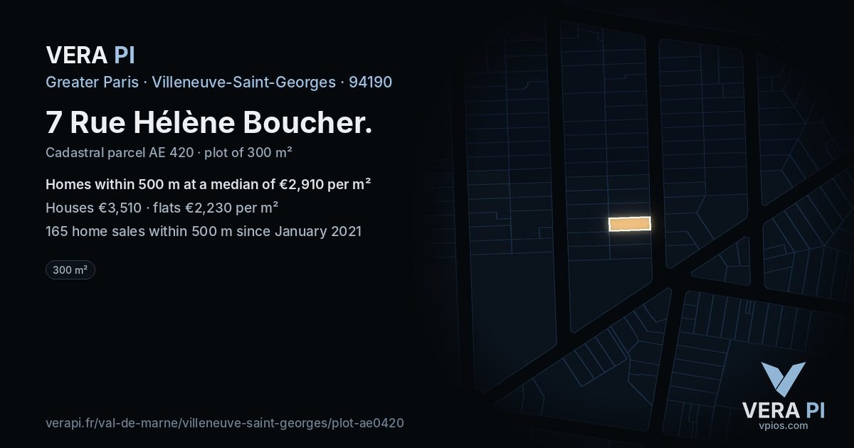7 Rue Hélène Boucher, Villeneuve-Saint-Georges at night – the plot lit, the parcels around coloured by the prices near them