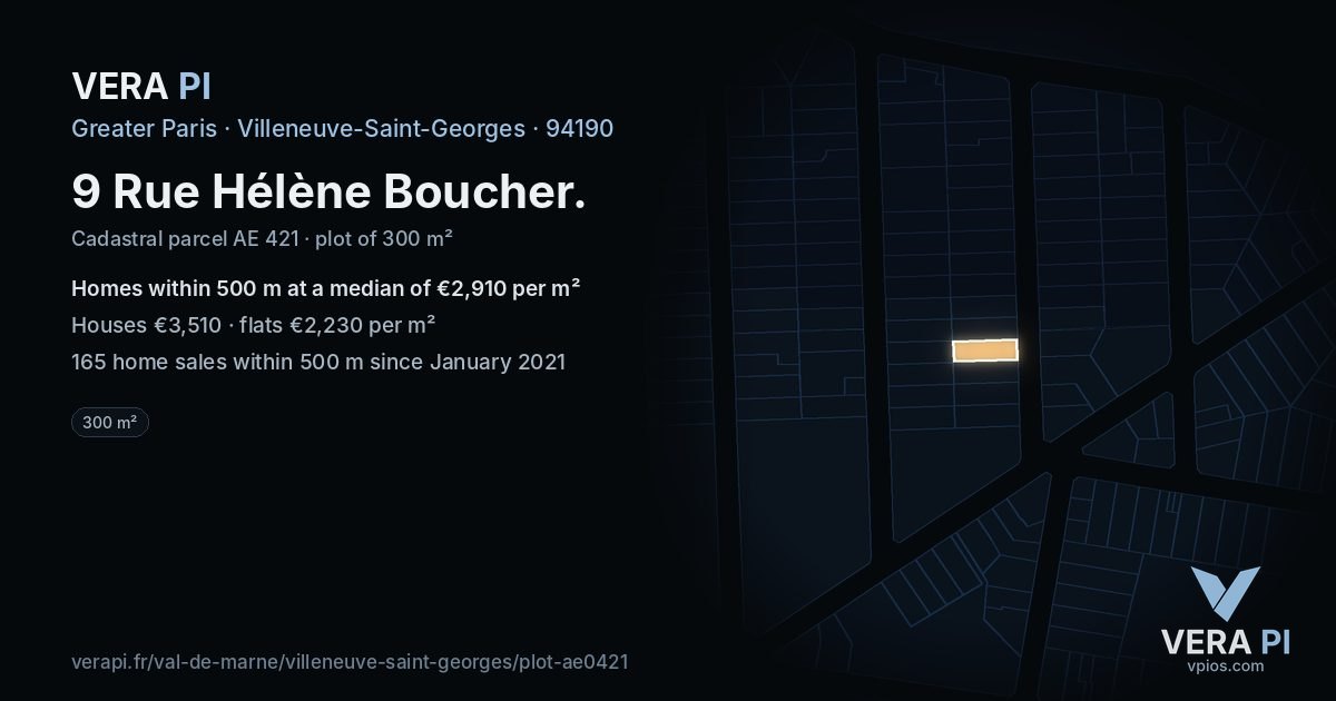 9 Rue Hélène Boucher, Villeneuve-Saint-Georges at night – the plot lit, the parcels around coloured by the prices near them