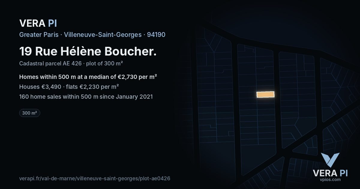 19 Rue Hélène Boucher, Villeneuve-Saint-Georges at night – the plot lit, the parcels around coloured by the prices near them