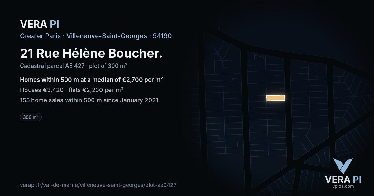 21 Rue Hélène Boucher, Villeneuve-Saint-Georges at night – the plot lit, the parcels around coloured by the prices near them