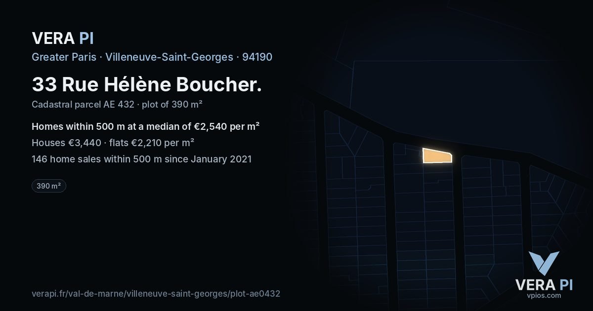 33 Rue Hélène Boucher, Villeneuve-Saint-Georges at night – the plot lit, the parcels around coloured by the prices near them