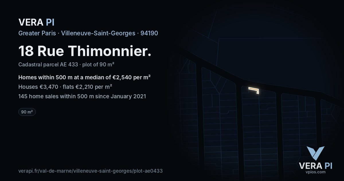18 Rue Thimonnier, Villeneuve-Saint-Georges at night – the plot lit, the parcels around coloured by the prices near them