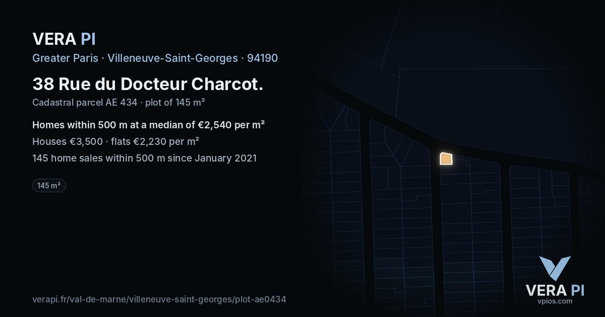 38 Rue du Docteur Charcot, Villeneuve-Saint-Georges at night – the plot lit, the parcels around coloured by the prices near them