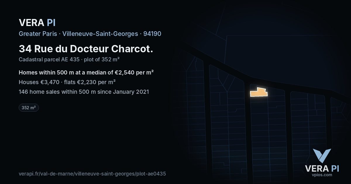 34 Rue du Docteur Charcot, Villeneuve-Saint-Georges at night – the plot lit, the parcels around coloured by the prices near them