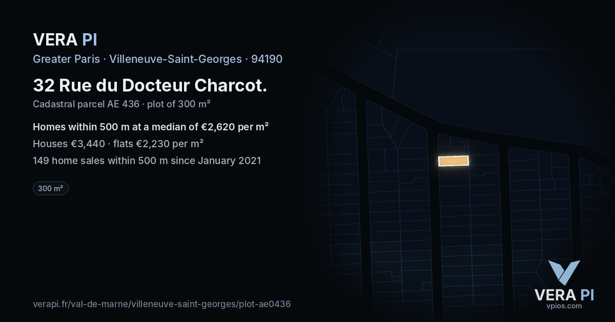 32 Rue du Docteur Charcot, Villeneuve-Saint-Georges at night – the plot lit, the parcels around coloured by the prices near them