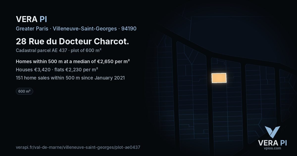 28 Rue du Docteur Charcot, Villeneuve-Saint-Georges at night – the plot lit, the parcels around coloured by the prices near them