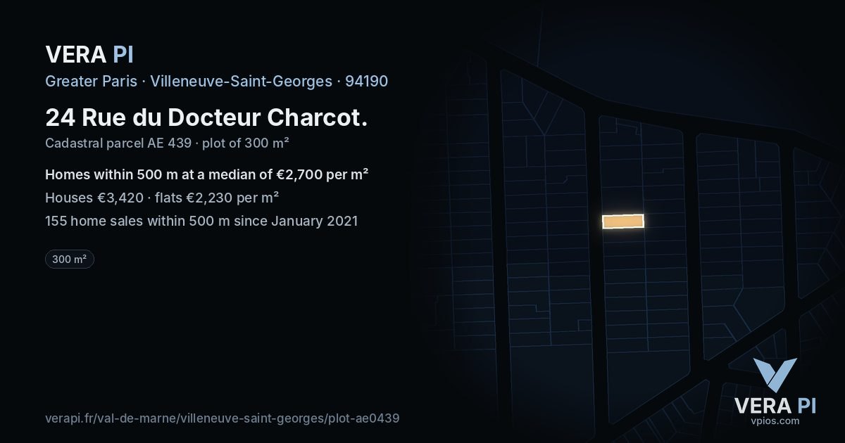 24 Rue du Docteur Charcot, Villeneuve-Saint-Georges at night – the plot lit, the parcels around coloured by the prices near them