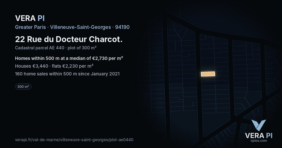 22 Rue du Docteur Charcot, Villeneuve-Saint-Georges at night – the plot lit, the parcels around coloured by the prices near them