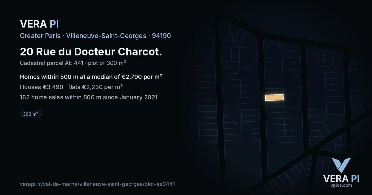 20 Rue du Docteur Charcot, Villeneuve-Saint-Georges at night – the plot lit, the parcels around coloured by the prices near them