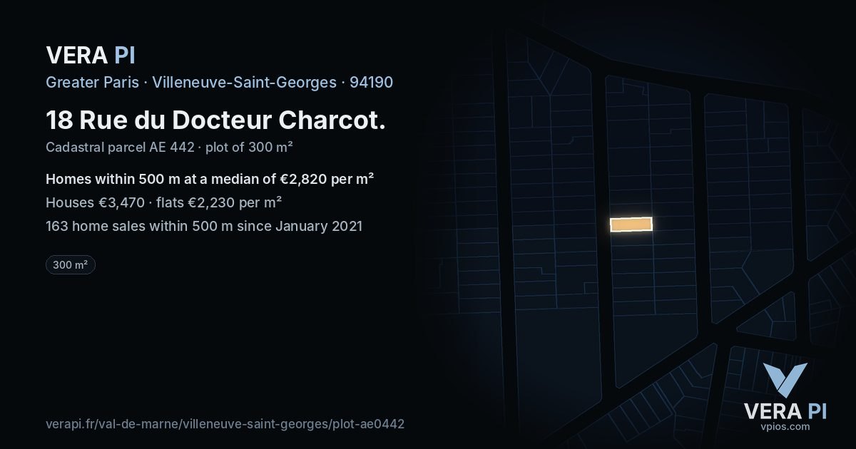 18 Rue du Docteur Charcot, Villeneuve-Saint-Georges at night – the plot lit, the parcels around coloured by the prices near them