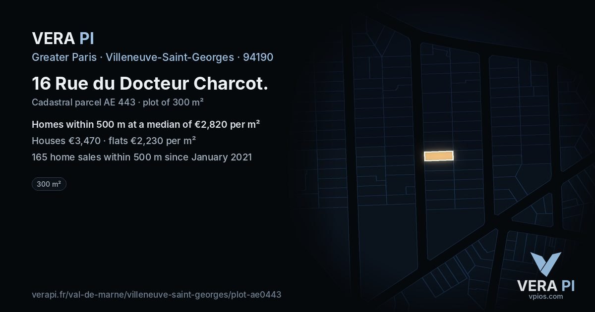 16 Rue du Docteur Charcot, Villeneuve-Saint-Georges at night – the plot lit, the parcels around coloured by the prices near them