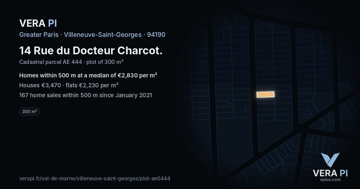 14 Rue du Docteur Charcot, Villeneuve-Saint-Georges at night – the plot lit, the parcels around coloured by the prices near them