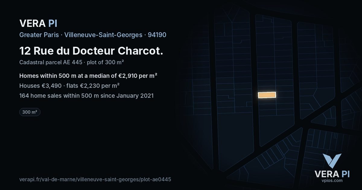 12 Rue du Docteur Charcot, Villeneuve-Saint-Georges at night – the plot lit, the parcels around coloured by the prices near them