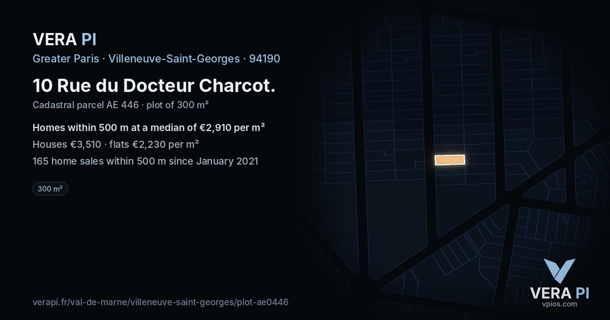 10 Rue du Docteur Charcot, Villeneuve-Saint-Georges at night – the plot lit, the parcels around coloured by the prices near them