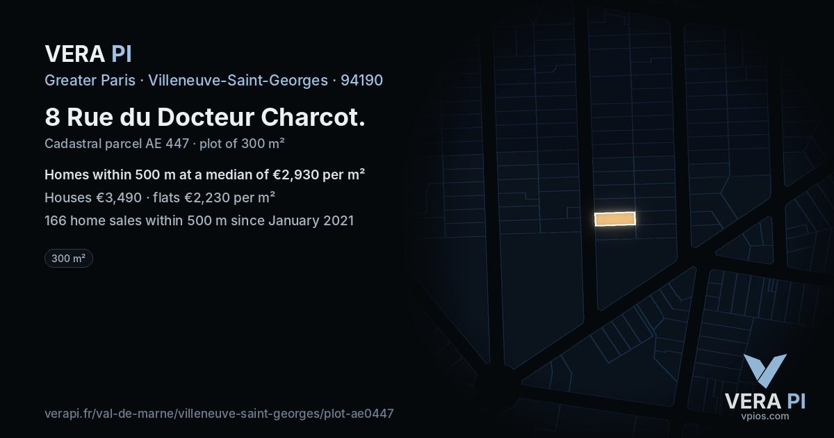 8 Rue du Docteur Charcot, Villeneuve-Saint-Georges at night – the plot lit, the parcels around coloured by the prices near them
