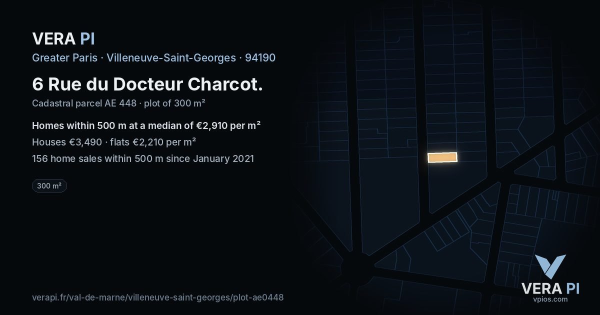 6 Rue du Docteur Charcot, Villeneuve-Saint-Georges at night – the plot lit, the parcels around coloured by the prices near them