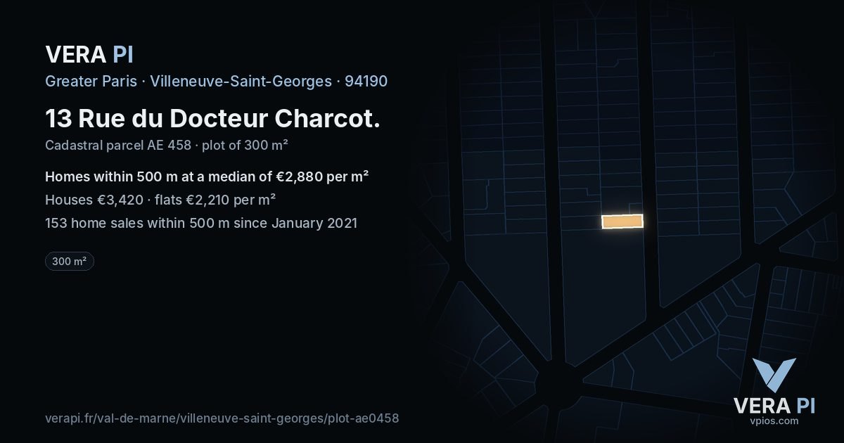 13 Rue du Docteur Charcot, Villeneuve-Saint-Georges at night – the plot lit, the parcels around coloured by the prices near them