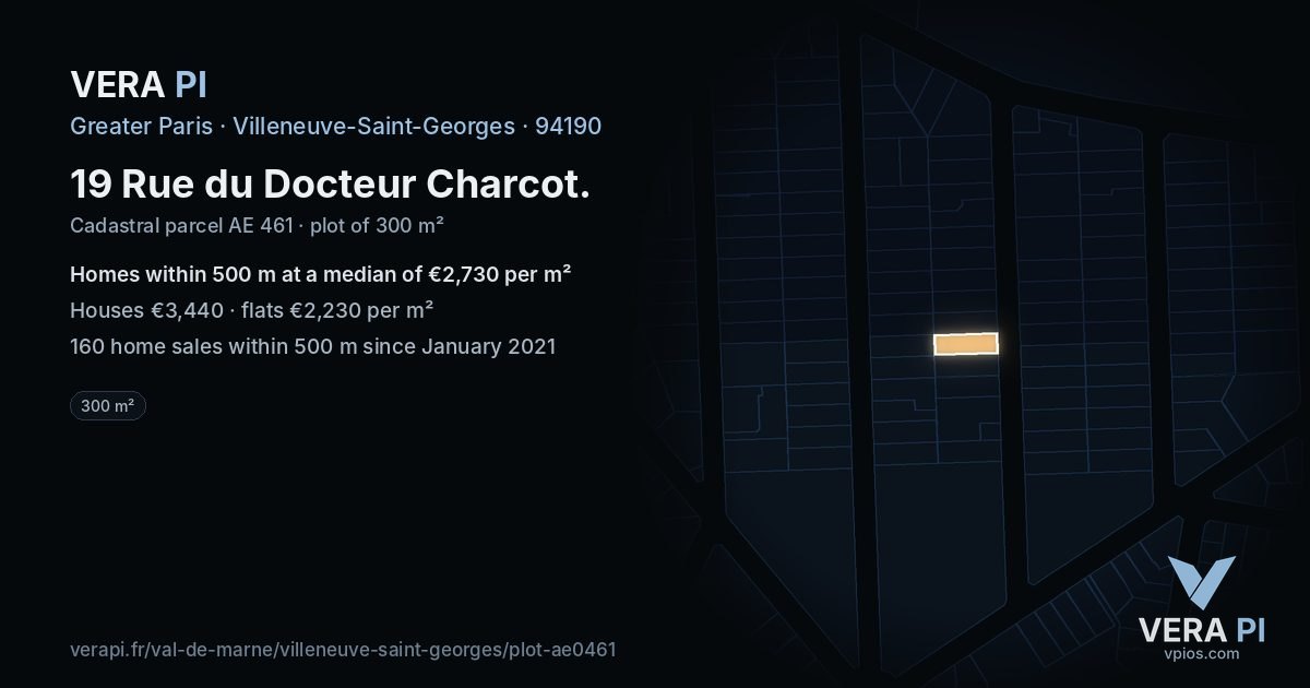 19 Rue du Docteur Charcot, Villeneuve-Saint-Georges at night – the plot lit, the parcels around coloured by the prices near them