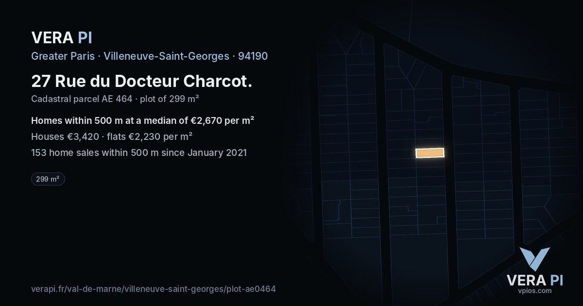 27 Rue du Docteur Charcot, Villeneuve-Saint-Georges at night – the plot lit, the parcels around coloured by the prices near them