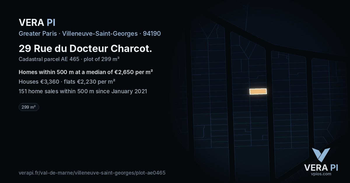 29 Rue du Docteur Charcot, Villeneuve-Saint-Georges at night – the plot lit, the parcels around coloured by the prices near them