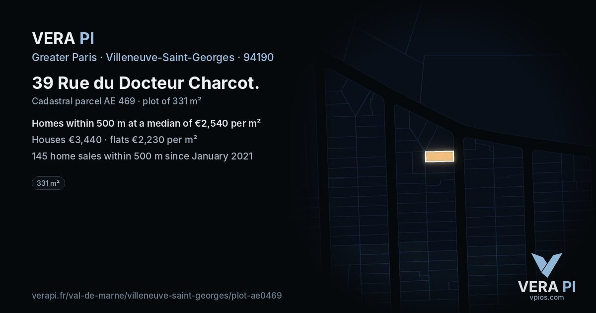 39 Rue du Docteur Charcot, Villeneuve-Saint-Georges at night – the plot lit, the parcels around coloured by the prices near them