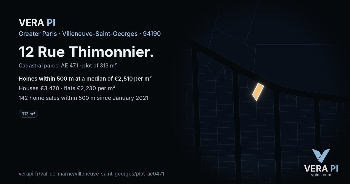 12 Rue Thimonnier, Villeneuve-Saint-Georges at night – the plot lit, the parcels around coloured by the prices near them
