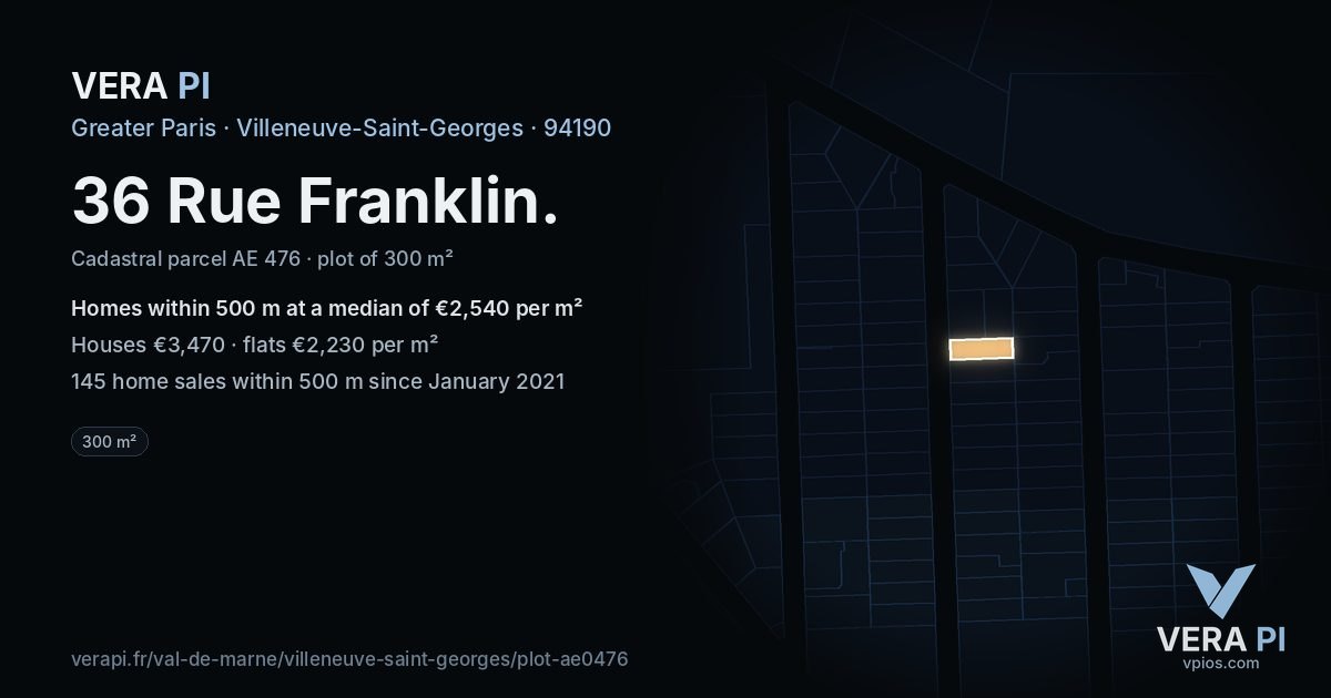 36 Rue Franklin, Villeneuve-Saint-Georges at night – the plot lit, the parcels around coloured by the prices near them