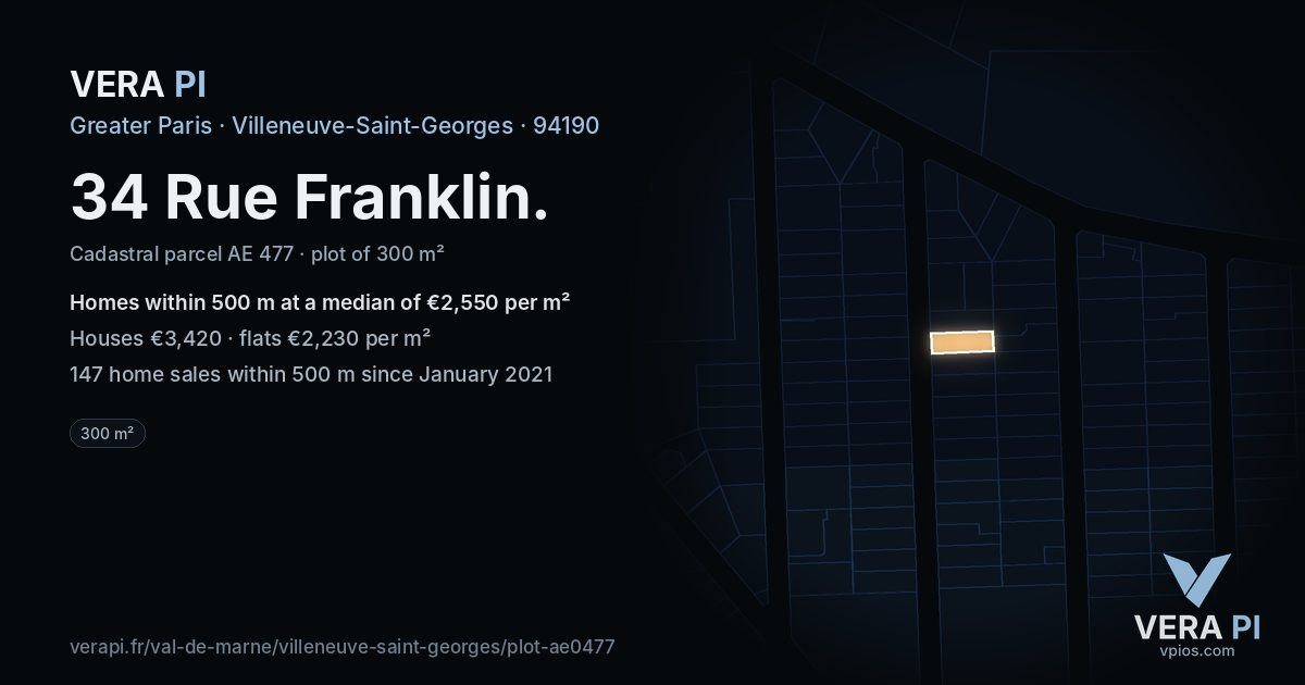 34 Rue Franklin, Villeneuve-Saint-Georges at night – the plot lit, the parcels around coloured by the prices near them