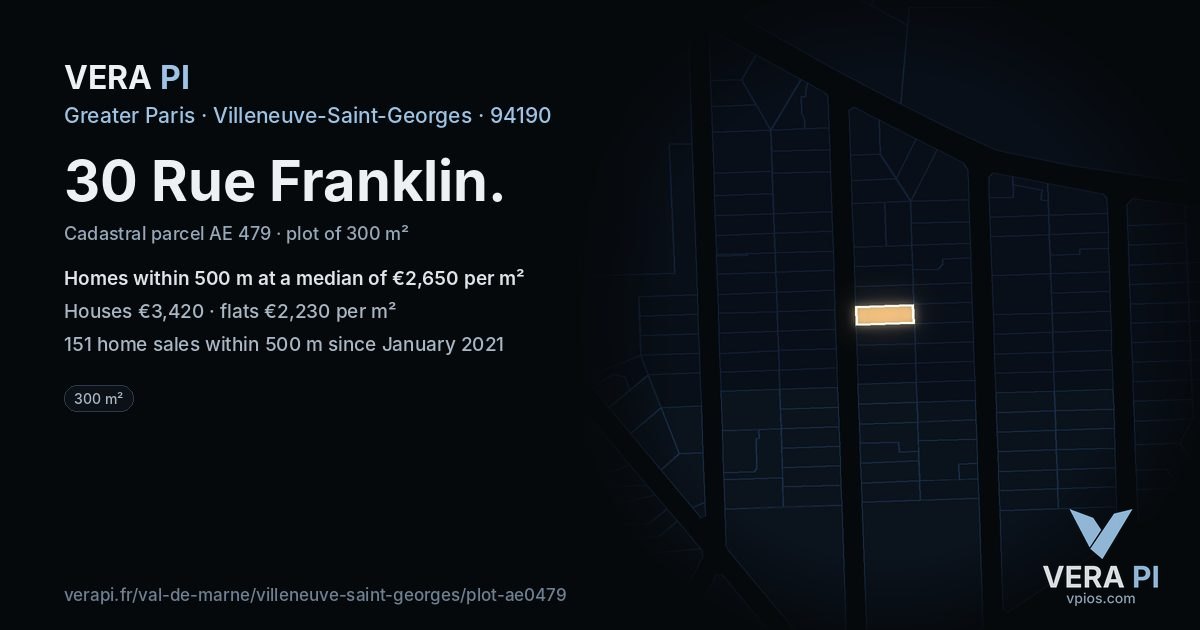 30 Rue Franklin, Villeneuve-Saint-Georges at night – the plot lit, the parcels around coloured by the prices near them