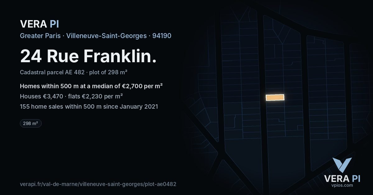 24 Rue Franklin, Villeneuve-Saint-Georges at night – the plot lit, the parcels around coloured by the prices near them