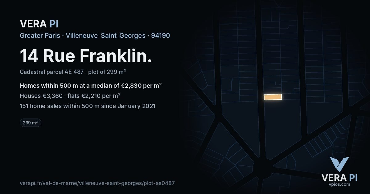 14 Rue Franklin, Villeneuve-Saint-Georges at night – the plot lit, the parcels around coloured by the prices near them